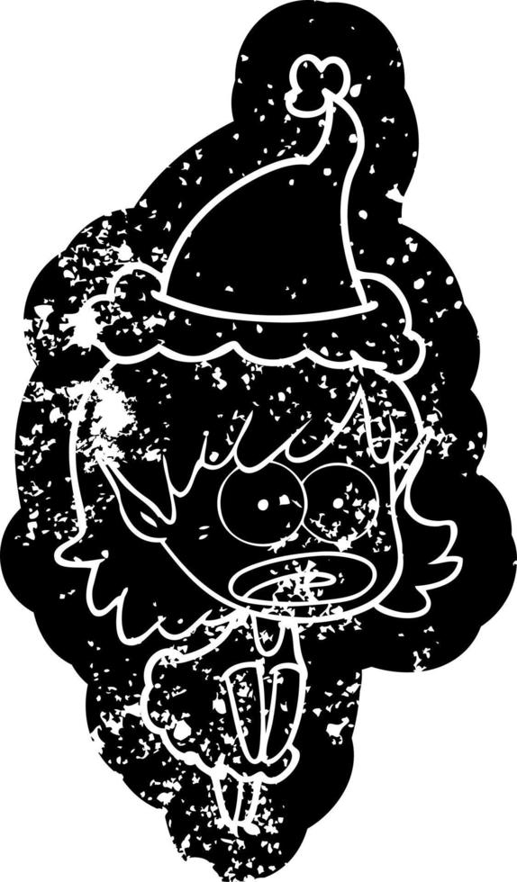 cartoon distressed icon of a shocked elf girl wearing santa hat vector