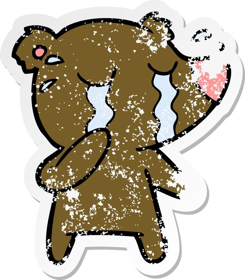 distressed sticker of a cartoon crying bear vector