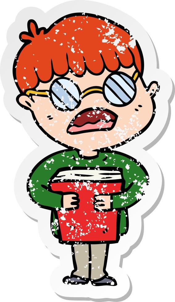 distressed sticker of a cartoon boy hugging book wearing spectacles vector