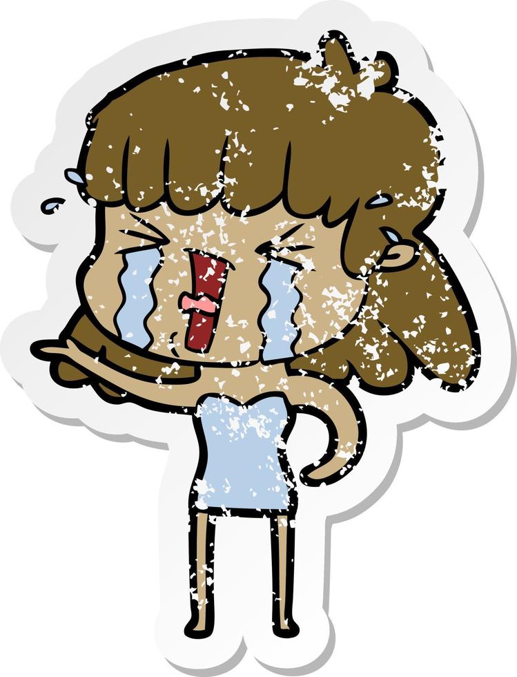 distressed sticker of a cartoon woman in tears vector