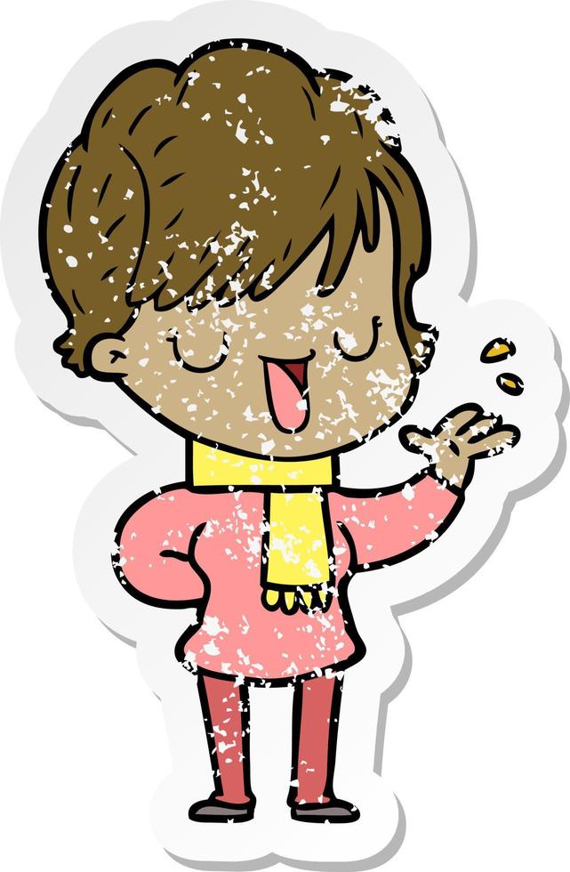 distressed sticker of a cartoon woman talking vector