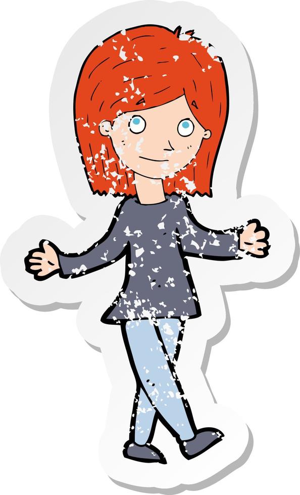 retro distressed sticker of a cartoon woman with no worries vector