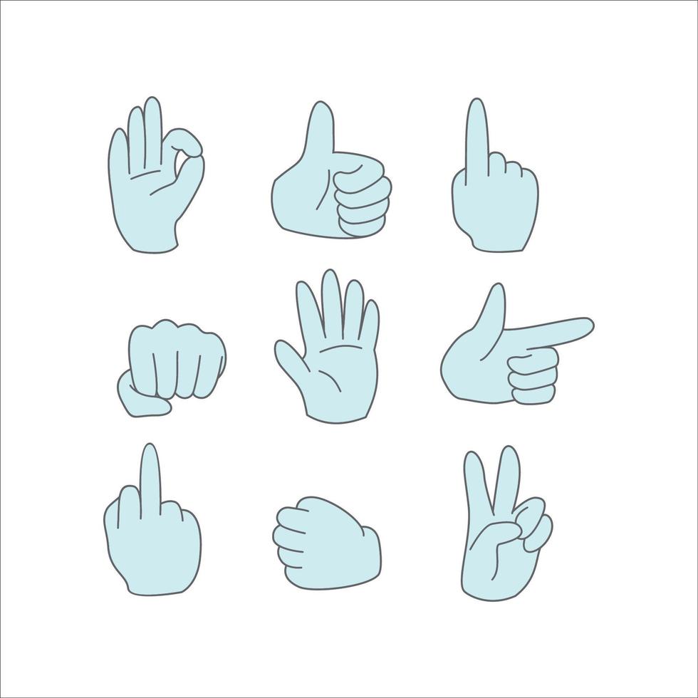 conjunto de mano de gesto. puño, espera, alto, ok, dos, arriba, punto. vector