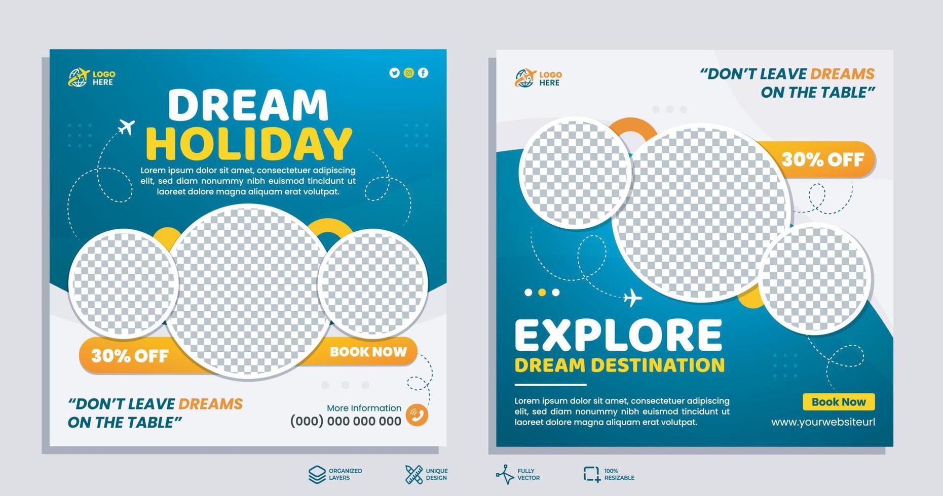 Travel and tourism social media banner post template design with abstract background for travelling business marketing. Social media marketing banner template set. vector