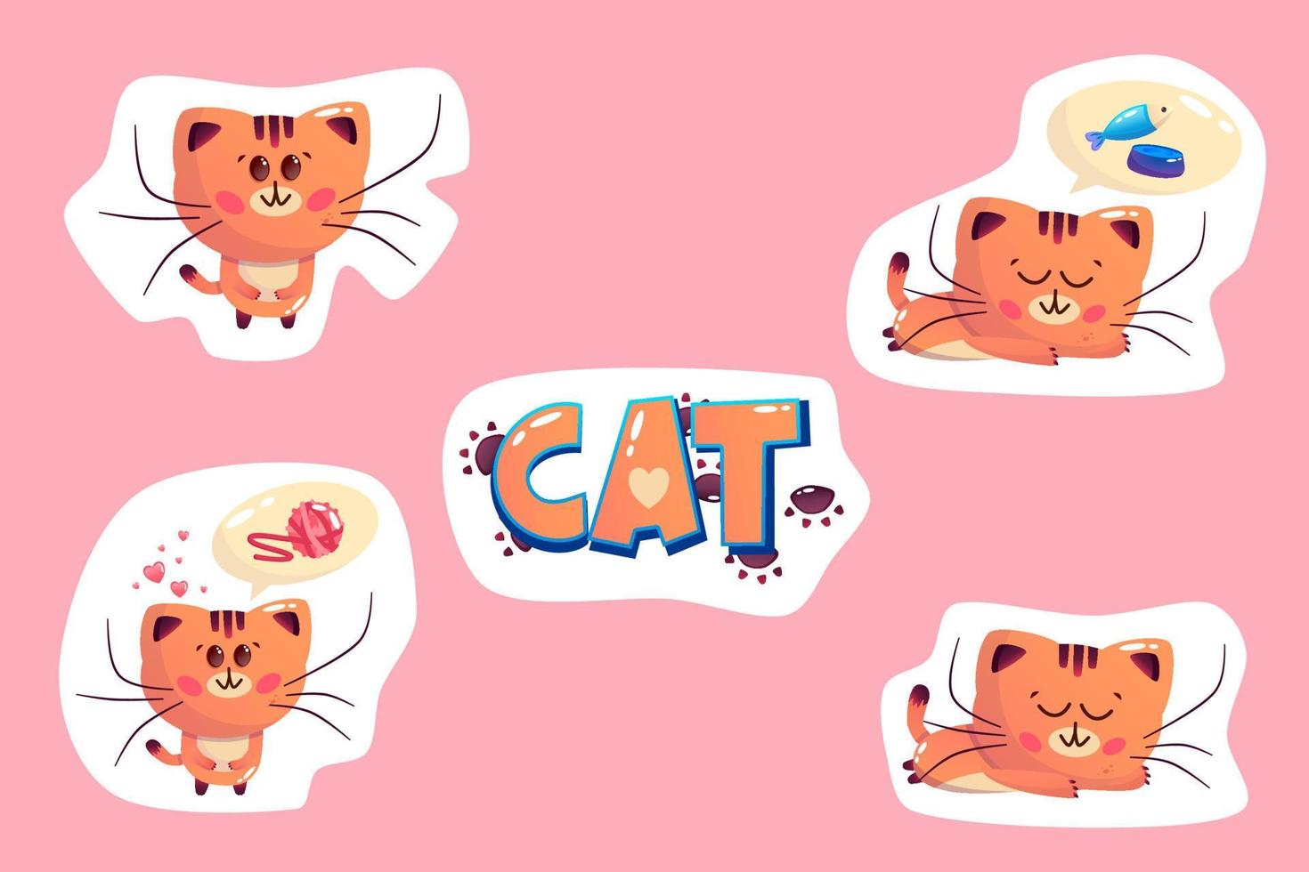 set de pegatinas de gato kawaii con pez, enredo de patas. ilustración de dibujos animados simples vectoriales. divertido personaje de dibujos animados lindo. cara de gato animal. vector