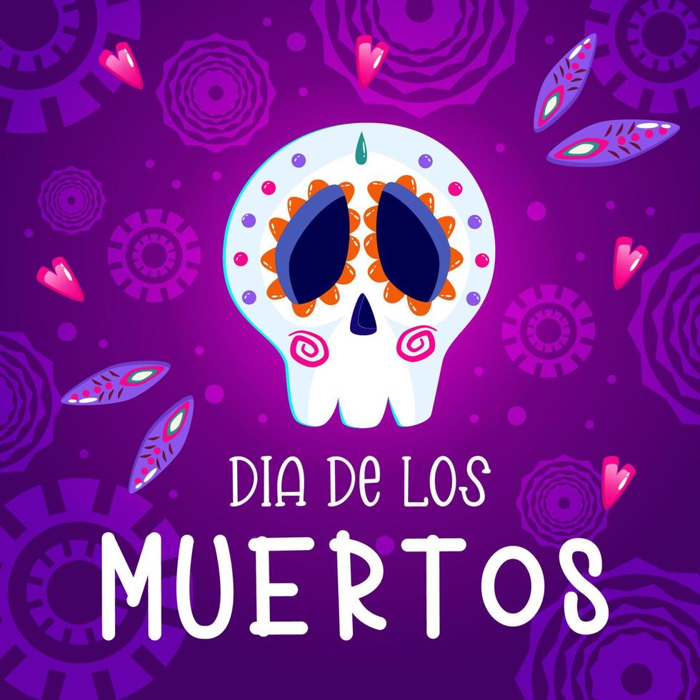 cartel de muertos, día muerto con calavera sobre fondo morado. disfraz de Halloween. ilustración vectorial de dibujos animados. fondo de muertos de vacaciones. cartel de esqueleto de catrina de méxico. vector