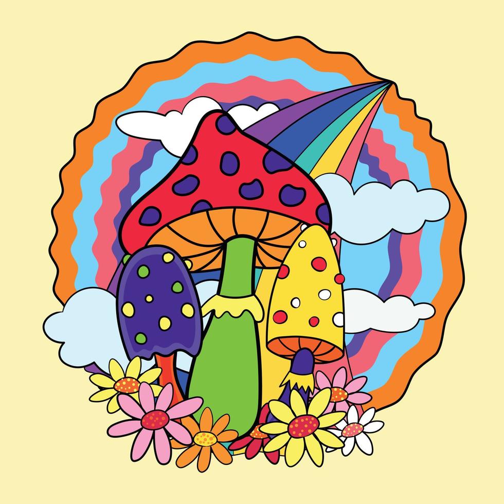 Retro 70's Psychedelic Hippie Magic Mushrooms Graphic Print for T-shirt and Other vector