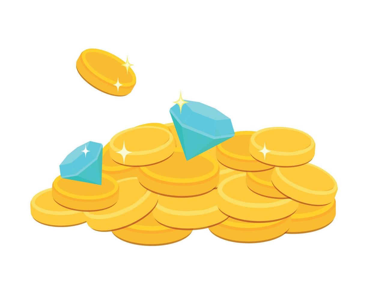 Pile of Gold Coins with Diamonds. Cartoon Golden Coins Vector Illustration