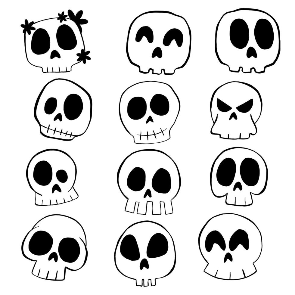 Vector illustration set of Skull cartoon line on white background.