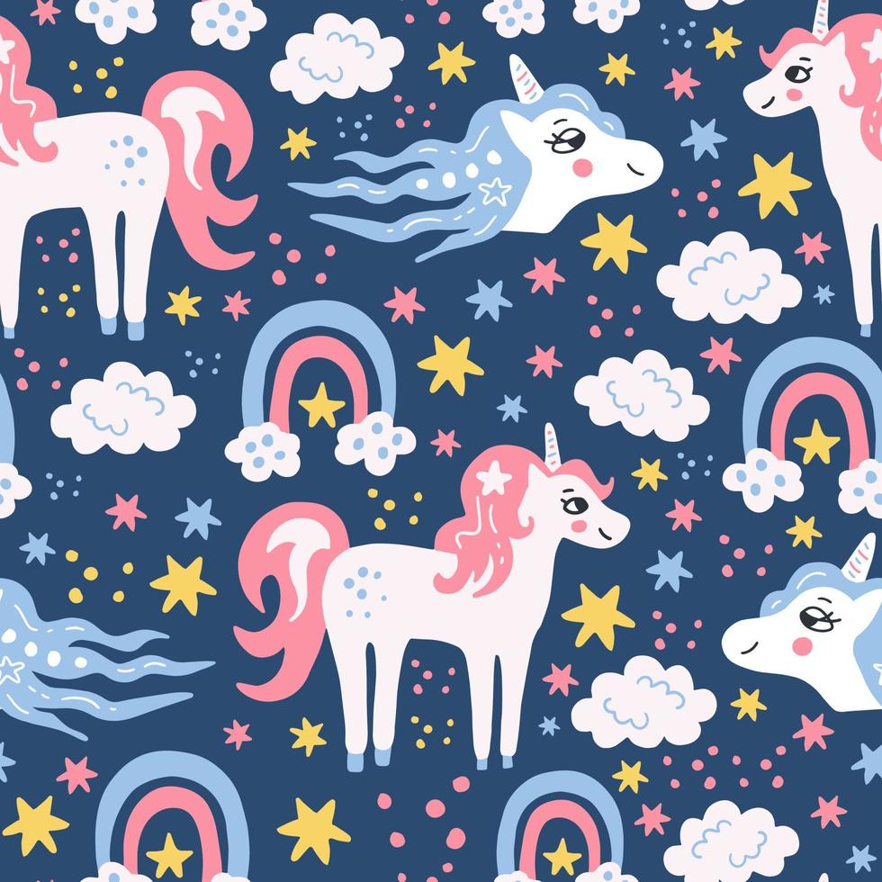 Seamless pattern for kids with unicorn rainbow star vector