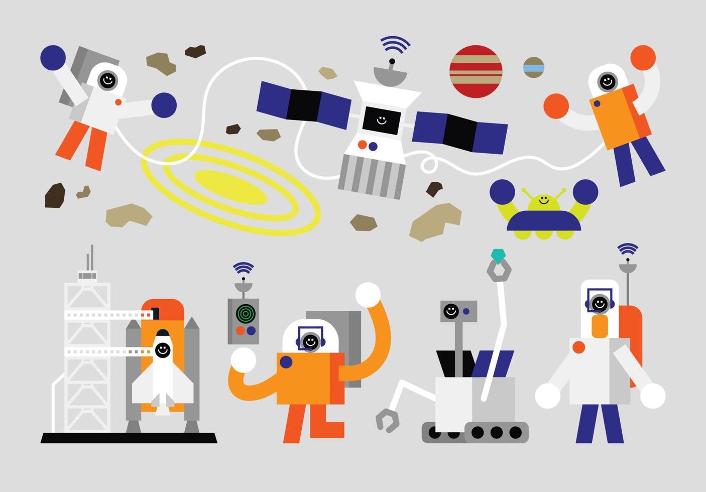 conjunto de astronautas humanoides diseño de personajes geométricos planos vector