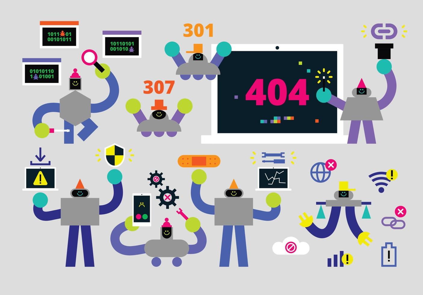Set of System Troubleshooting Humanoids Flat Geometric Character Design vector