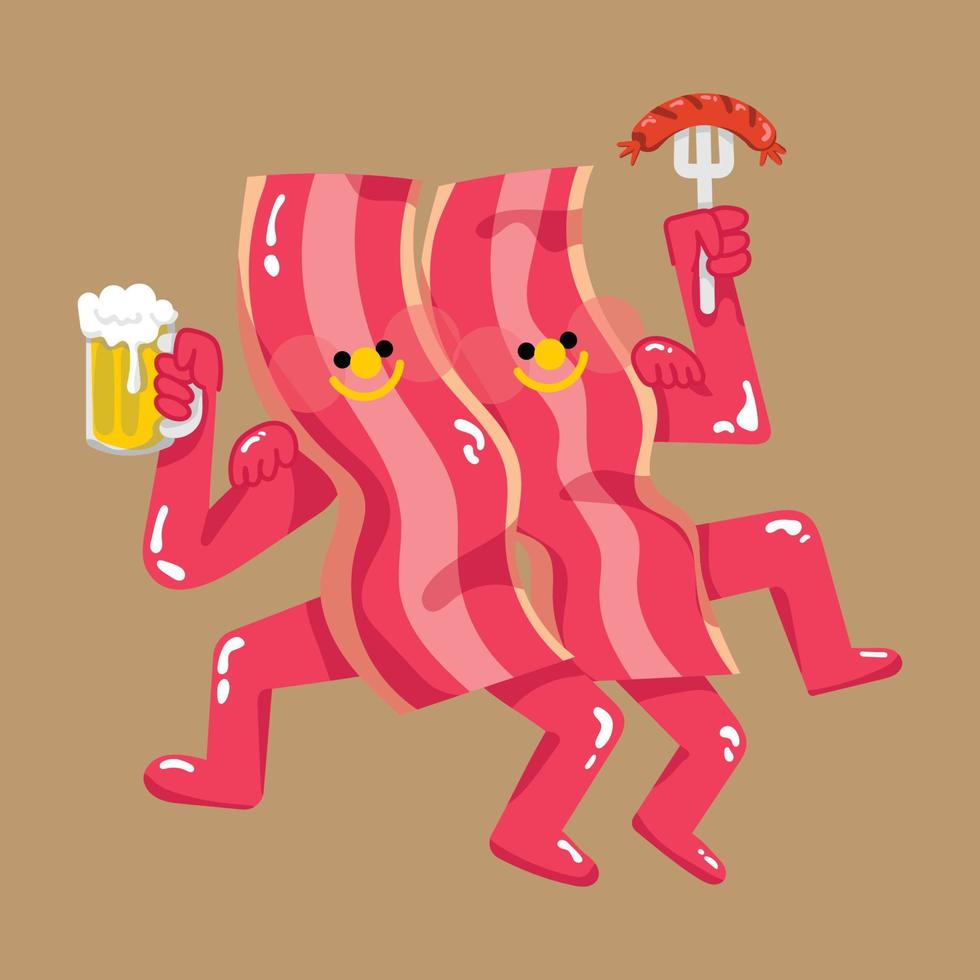 Bacon Drinking Beer and Eating Sausage Character Flat Mascot Design vector