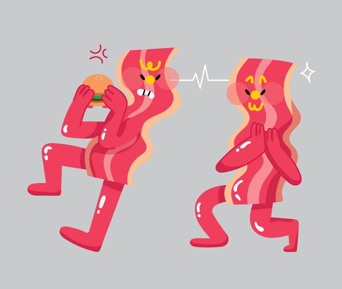 Bacon Character Protecting Burger Flat Mascot Design vector