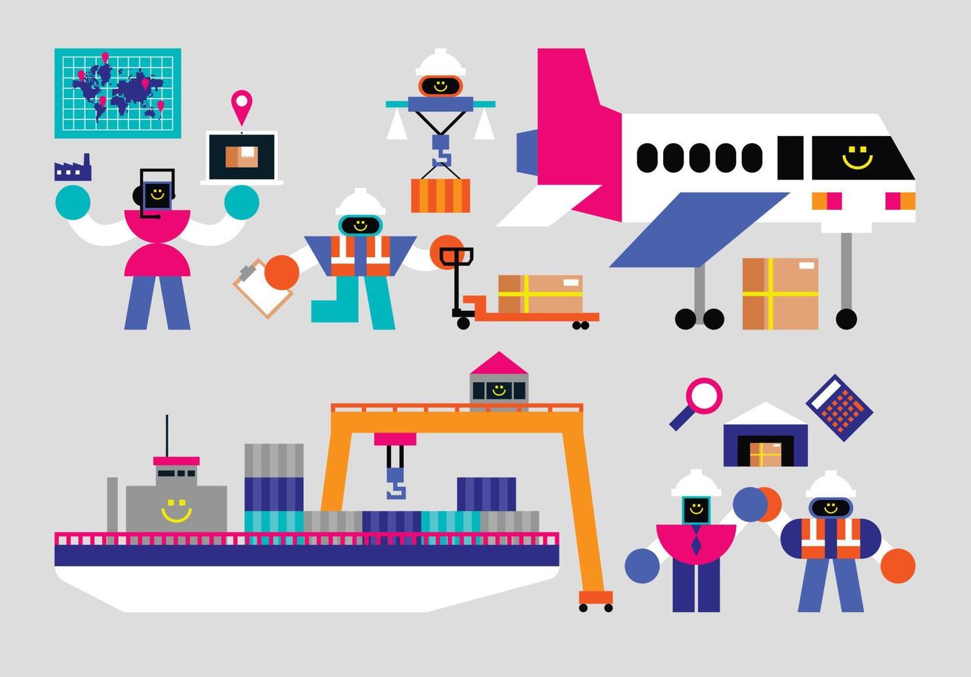 Set of Logistics Humanoids Flat Geometric Character Design vector