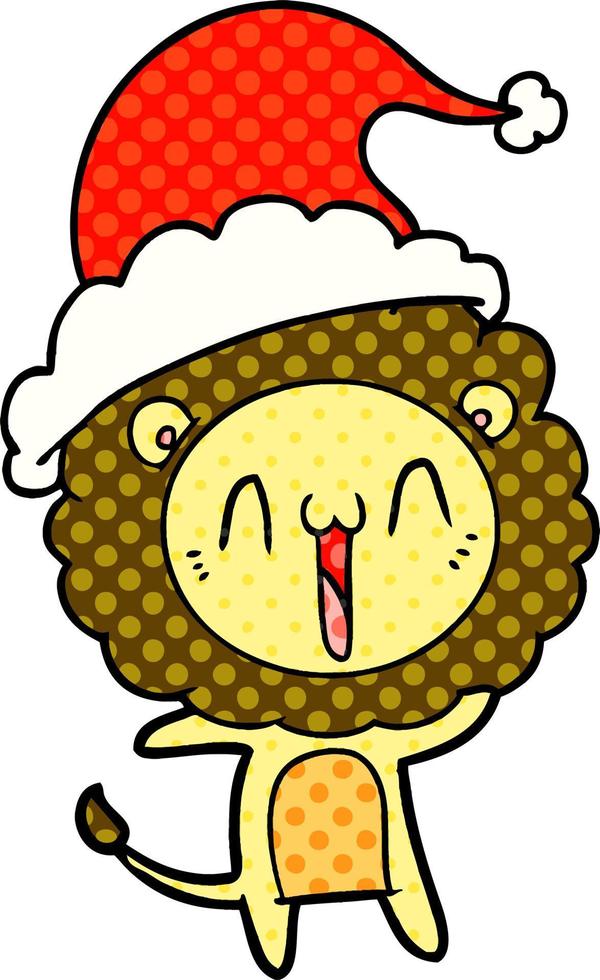 feliz ilustración de estilo cómic de un león con sombrero de santa vector