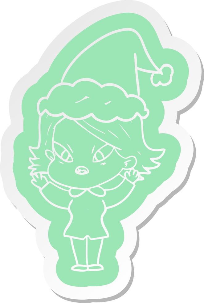 cartoon  sticker of a stressed woman wearing santa hat vector