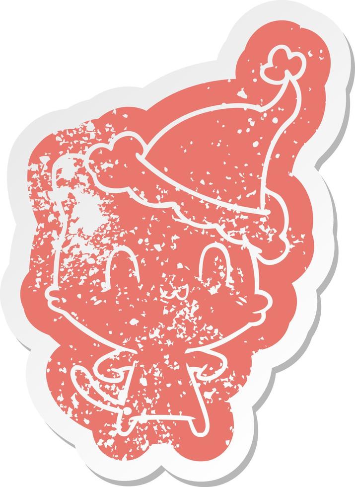 cartoon distressed sticker of a happy cat wearing santa hat vector