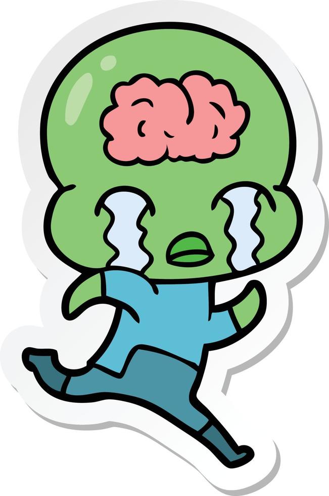 sticker of a cartoon big brain alien crying vector