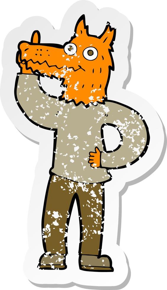 retro distressed sticker of a cartoon fox man with idea vector