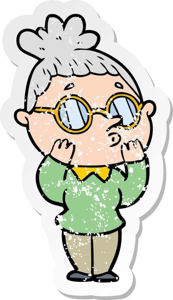 distressed sticker of a cartoon woman wearing glasses vector