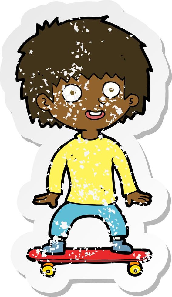 retro distressed sticker of a cartoon boy on skateboard vector