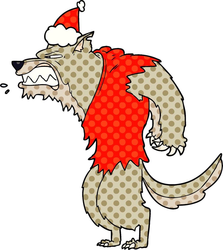 angry werewolf comic book style illustration of a wearing santa hat vector