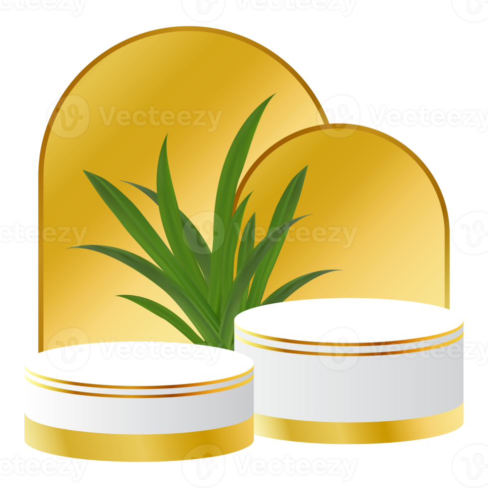 White and Gold 3D Podium with Tropical Leaf and Golden Arch Perfect for Product Display, Layout, and Showcase png