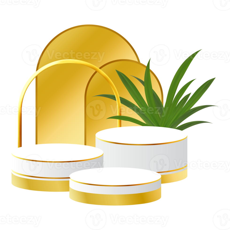 White and Gold 3D Podium with Tropical Leaf and Golden Arch Perfect for Product Display, Layout, and Showcase png