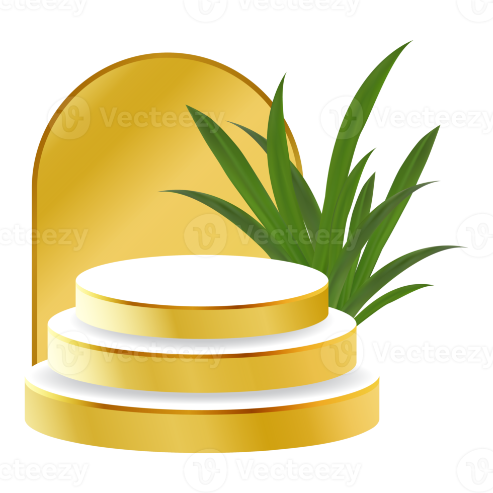 vit och guld 3d podium med tropisk blad och gyllene båge perfekt för produkt visa, layout, och monter png