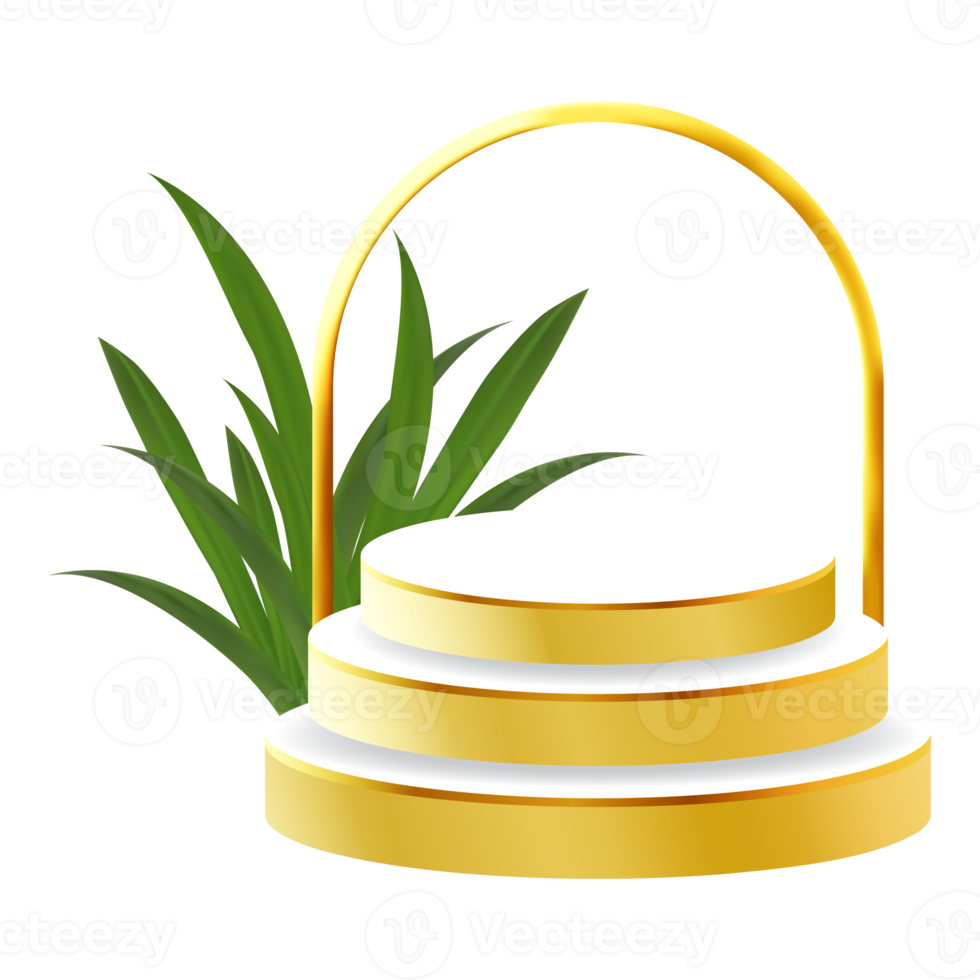 vit och guld 3d podium med tropisk blad och gyllene båge perfekt för produkt visa, layout, och monter png