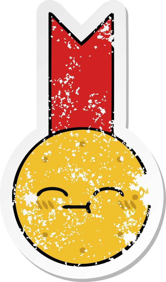 distressed sticker of a cute cartoon gold medal vector