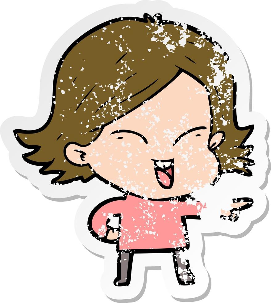 distressed sticker of a happy cartoon girl vector