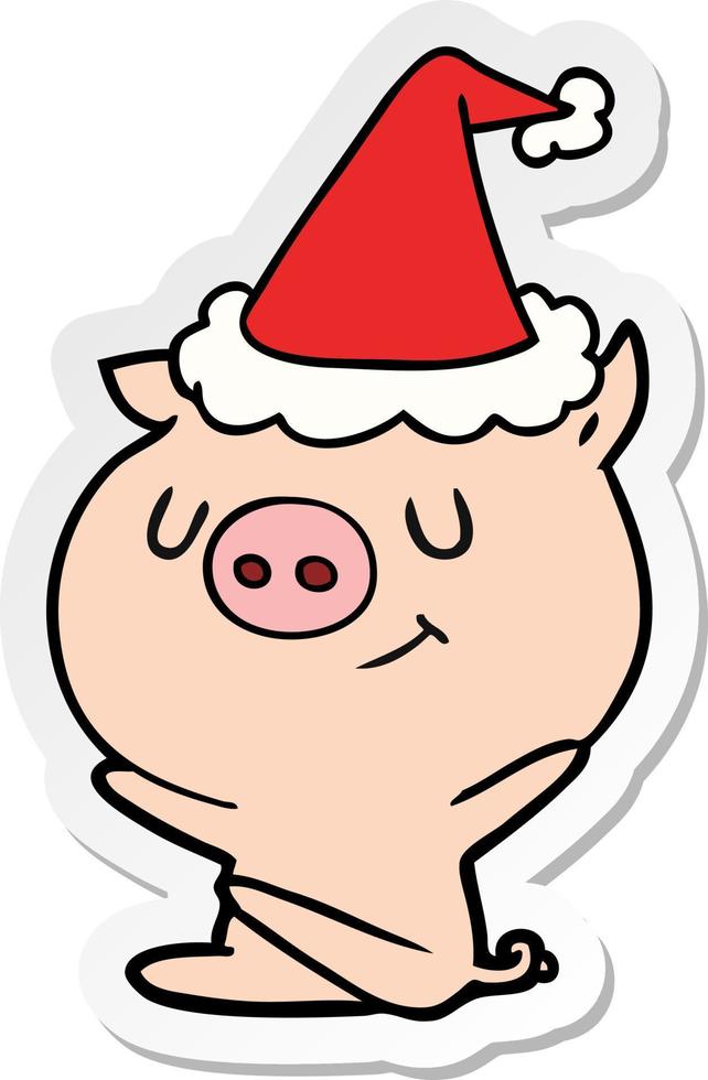 happy sticker cartoon of a pig wearing santa hat vector