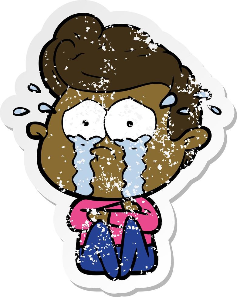 distressed sticker of a cartoon crying man vector