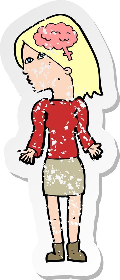 retro distressed sticker of a cartoon clever woman shrugging shoulders vector