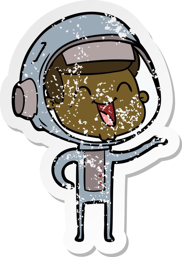 distressed sticker of a happy cartoon astronaut vector