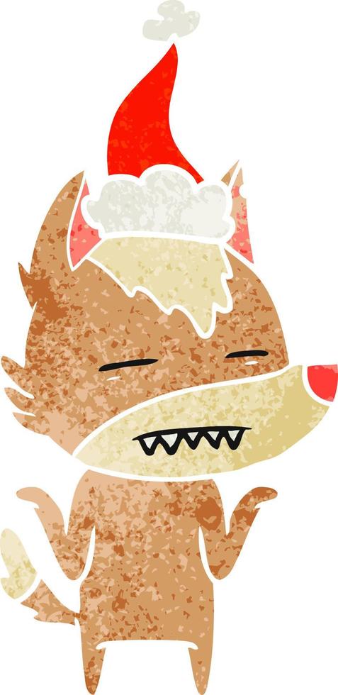 retro cartoon of a wolf showing teeth wearing santa hat vector