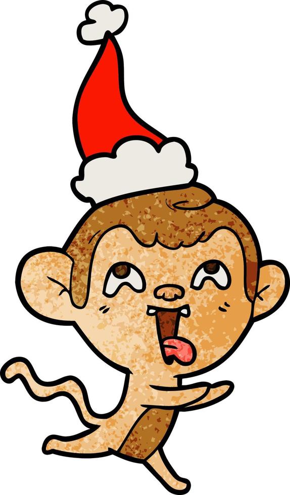 crazy textured cartoon of a monkey running wearing santa hat vector