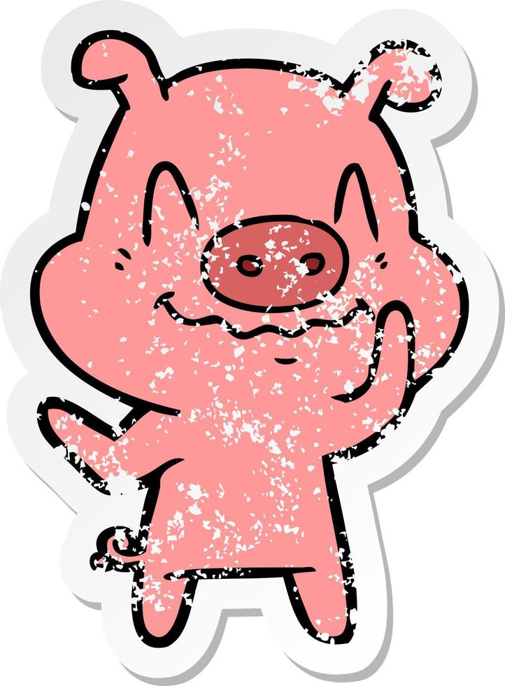 distressed sticker of a nervous cartoon pig vector