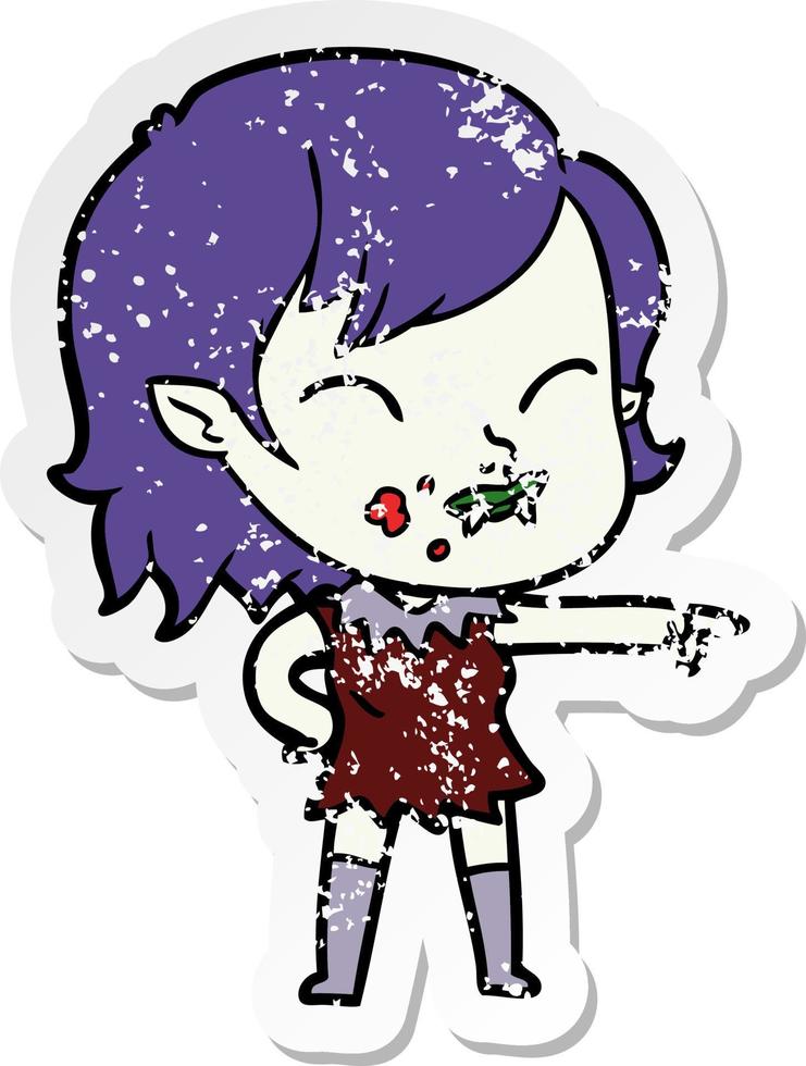 distressed sticker of a cartoon vampire girl with blood on cheek vector