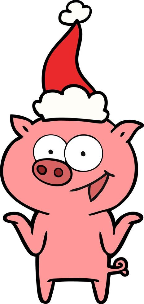 line drawing of a pig with no worries wearing santa hat vector