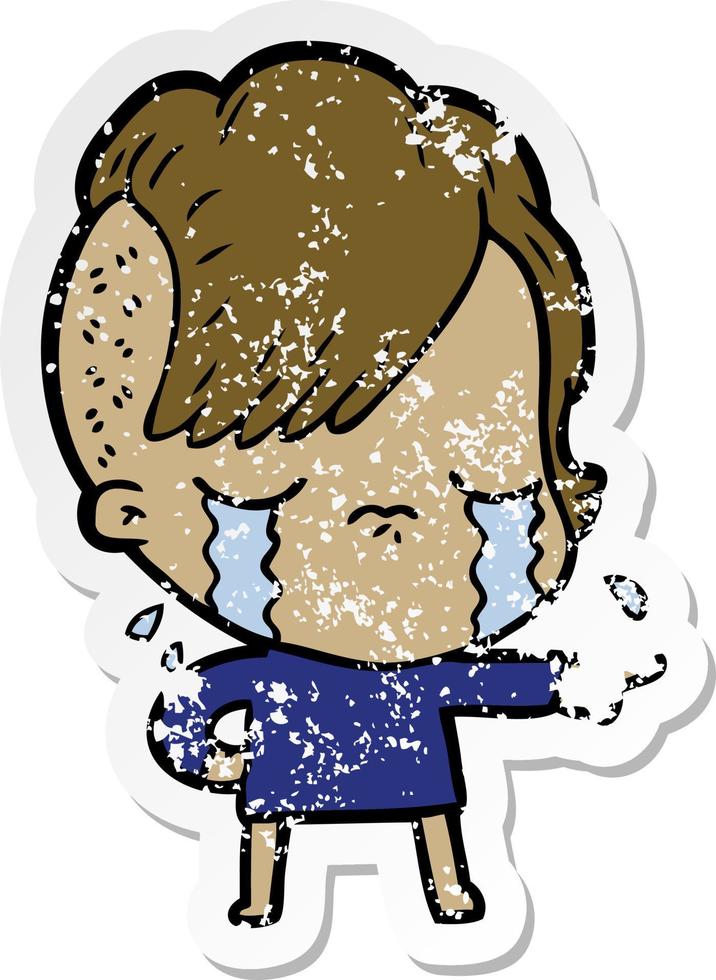 distressed sticker of a cartoon crying girl accusing vector
