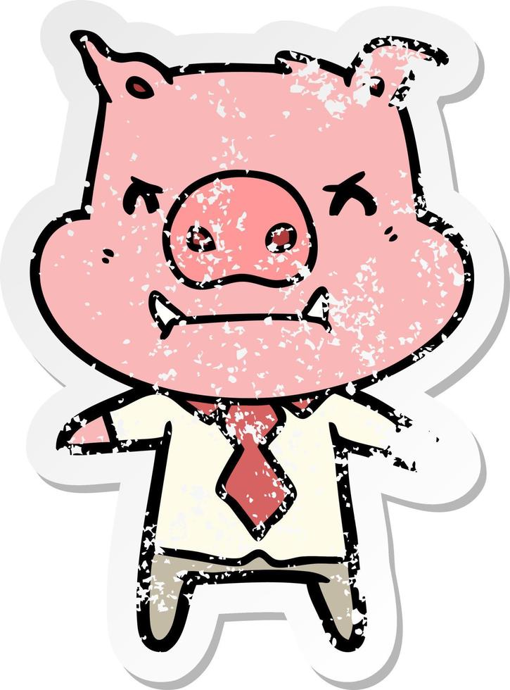 distressed sticker of a angry cartoon pig boss vector