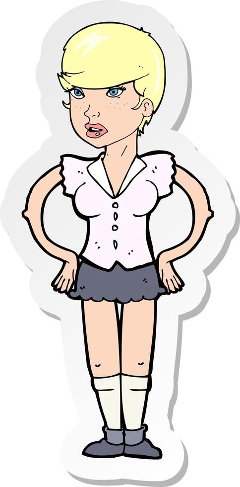sticker of a cartoon woman with hands on hips vector
