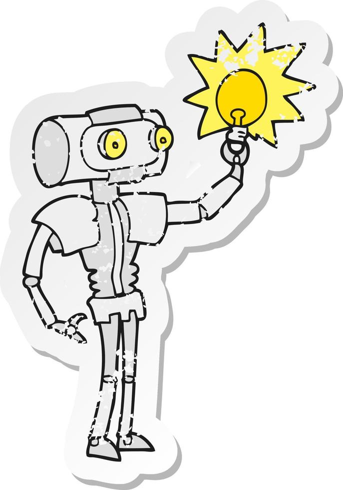 retro distressed sticker of a cartoon robot with light bulb vector