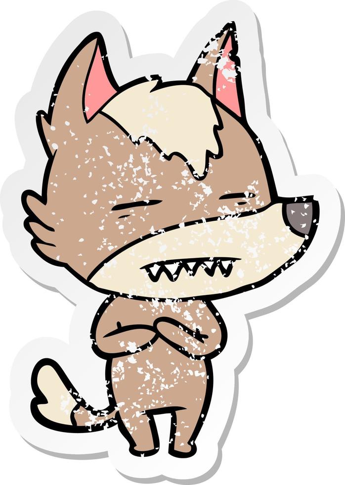 pegatina angustiada de un lobo de dibujos animados que muestra los dientes vector