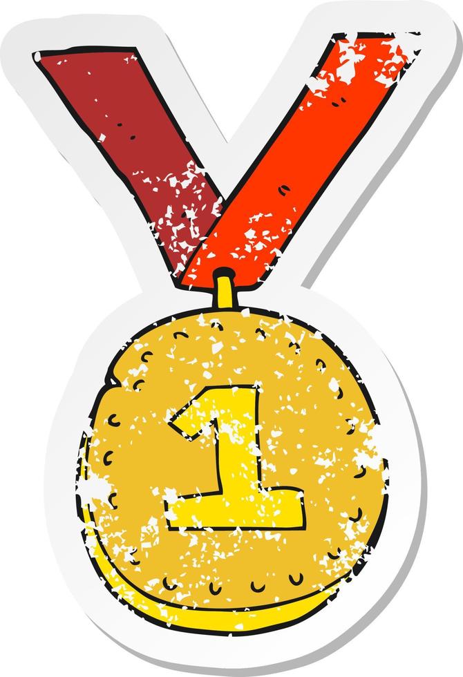 retro distressed sticker of a cartoon first place medal vector