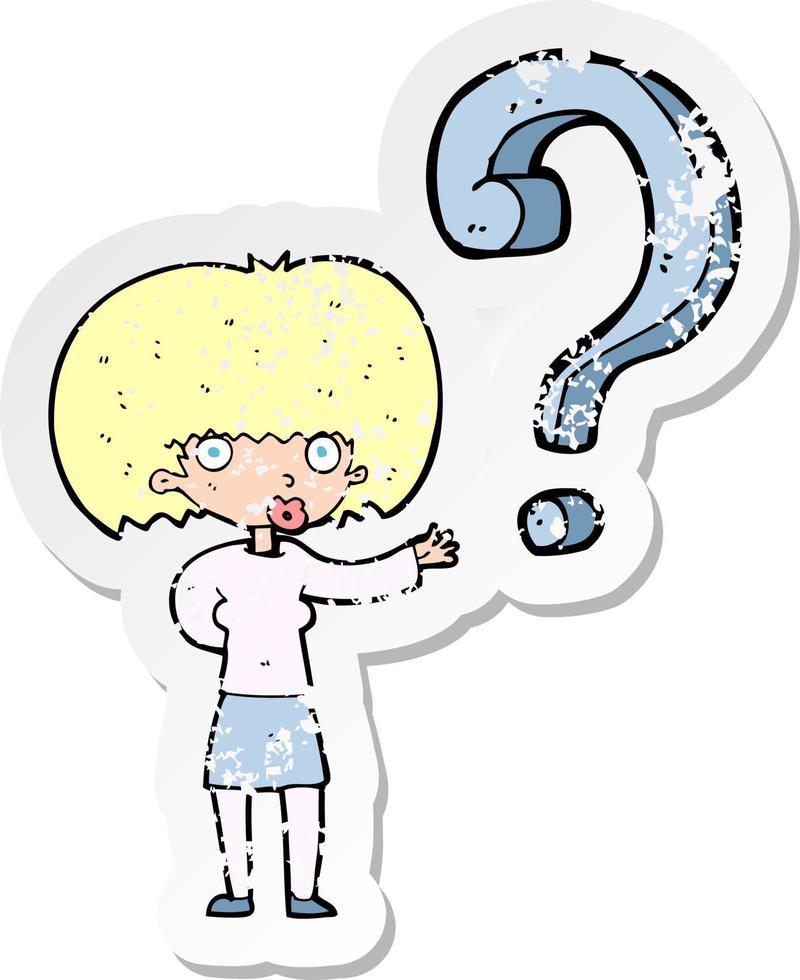 retro distressed sticker of a cartoon woman with question vector