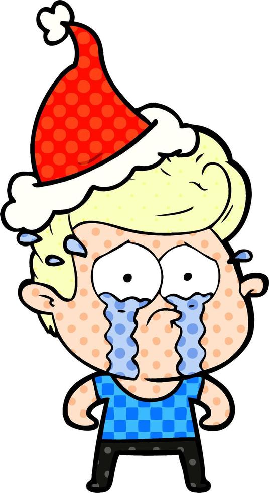 comic book style illustration of a crying man wearing santa hat vector